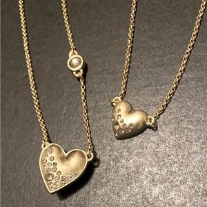 Lia Sophia Mother Daughter Yellow Gold Tone Rhinestone Encrusted Heart Necklaces